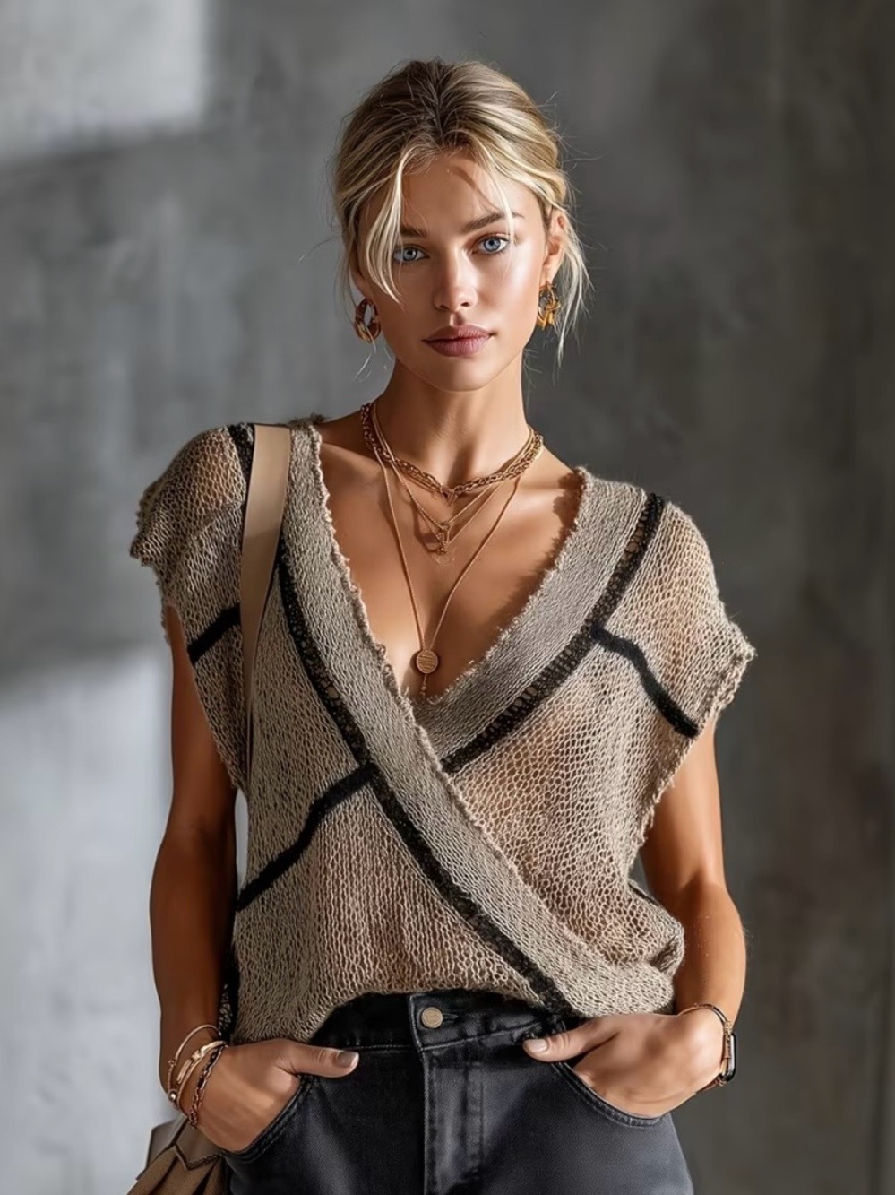 Beige Knit V‑Neck Wrap Sweater Top - Women
